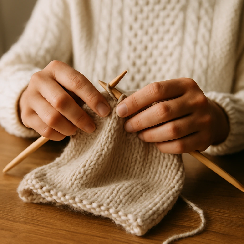 Mujer tejiendo lana artesanalmente